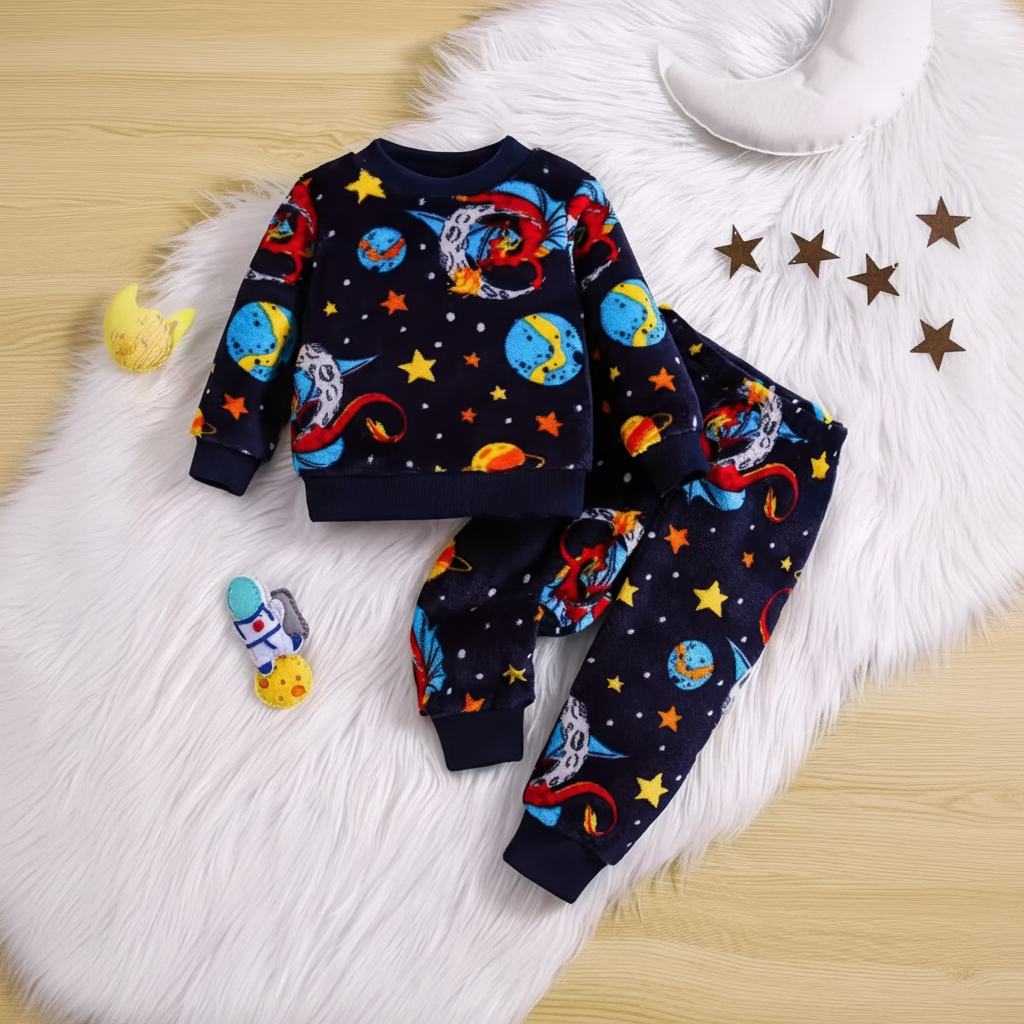 Christmas Flannel Pajama Set For Kids With Space Theme
