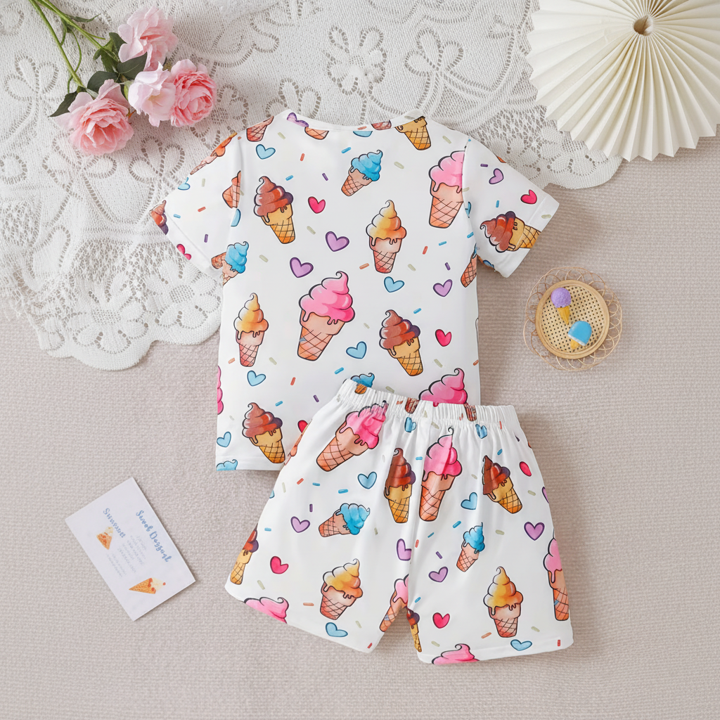 Girls Ice Cream Print Short Pajama Set