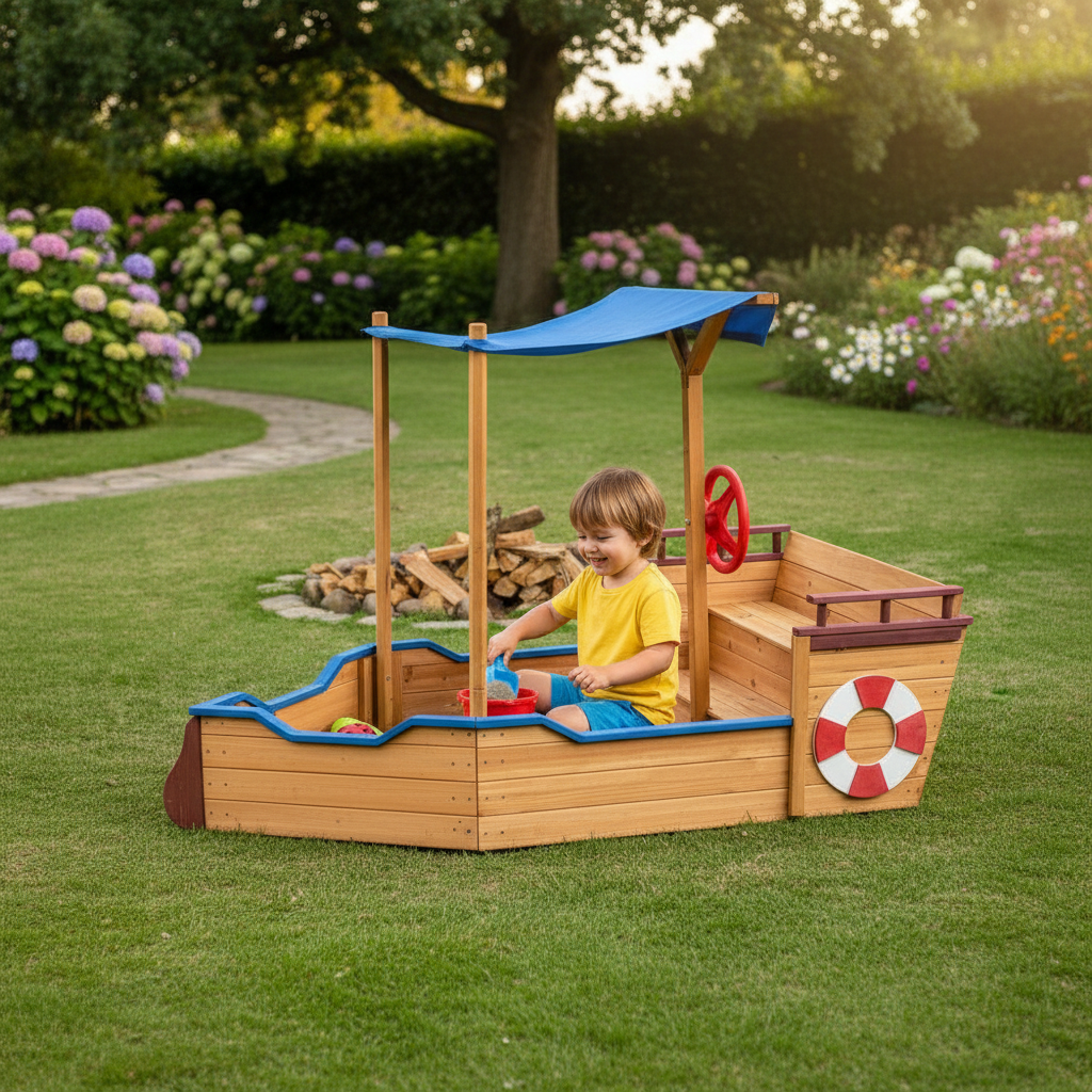 Kids Pirate Ship Sandbox With Canopy And Storage Bench