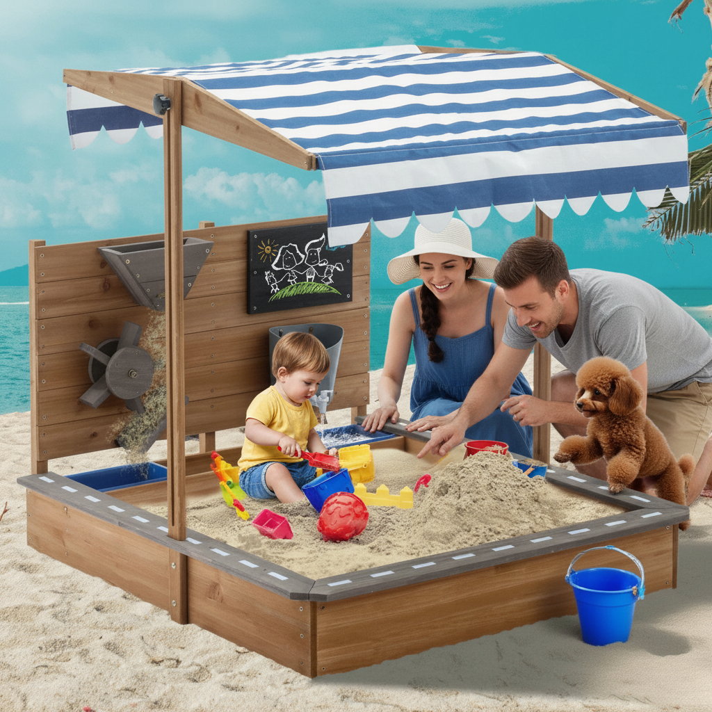 Sandbox With Adjustable Kids Canopy And Sand Play Accessories