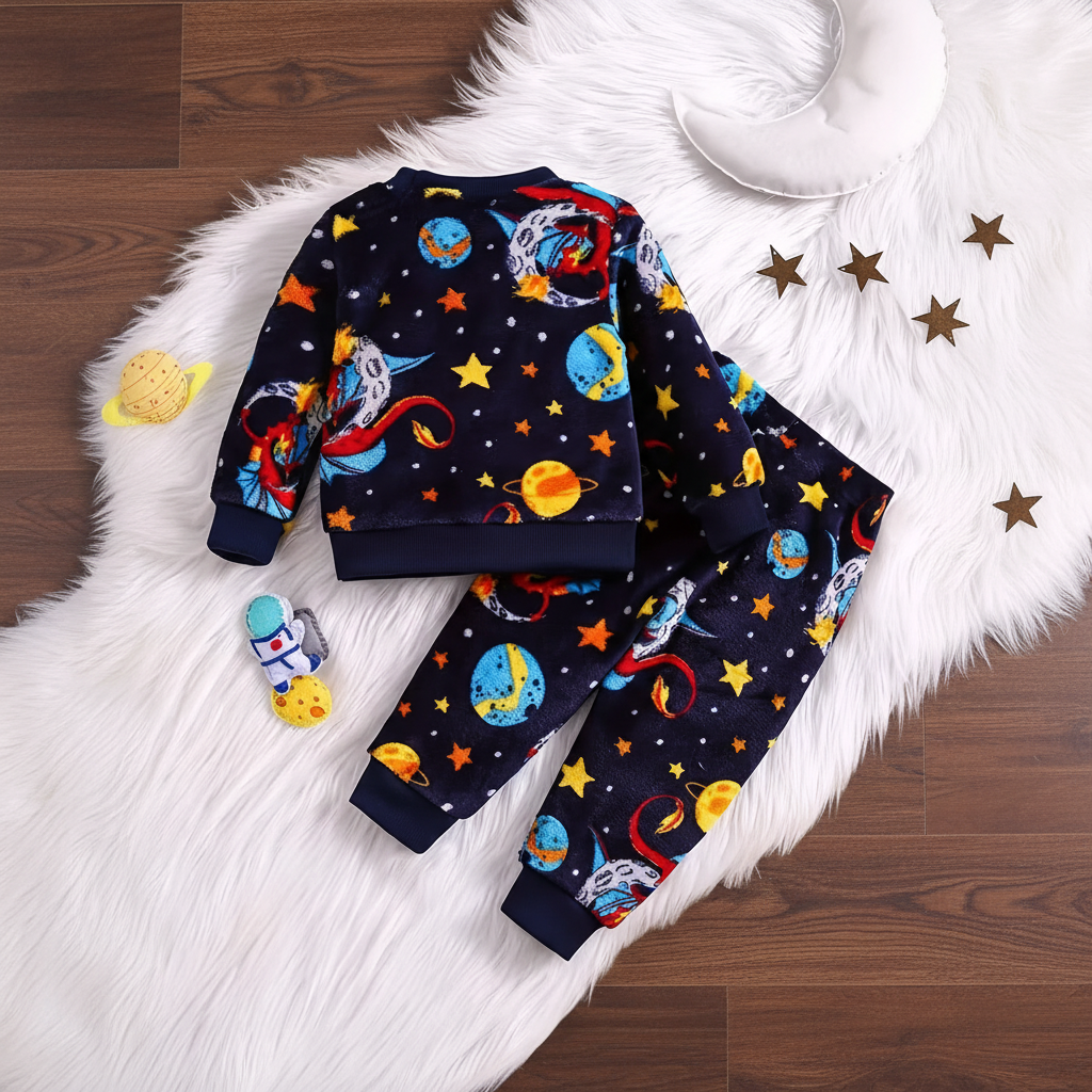 Christmas Flannel Pajama Set For Kids With Space Theme