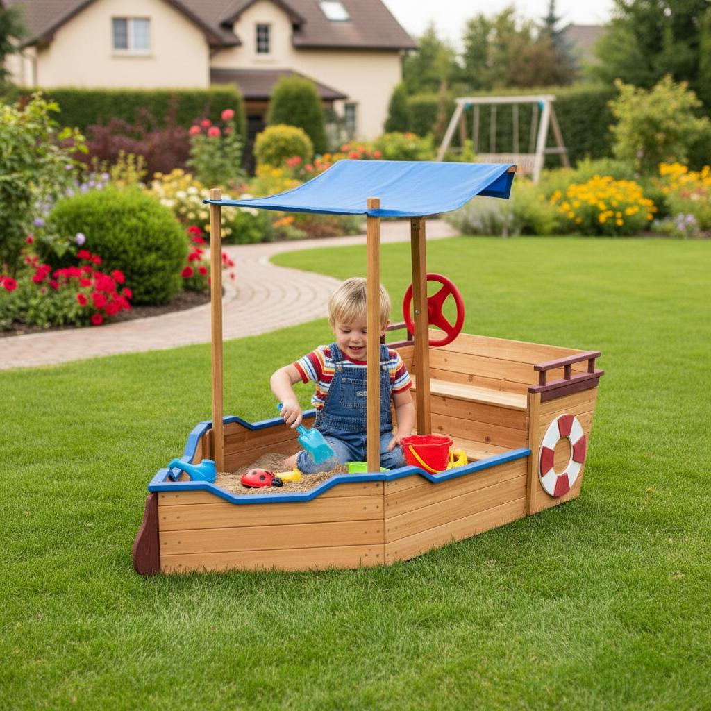 Kids Pirate Ship Sandbox With Canopy And Storage Bench