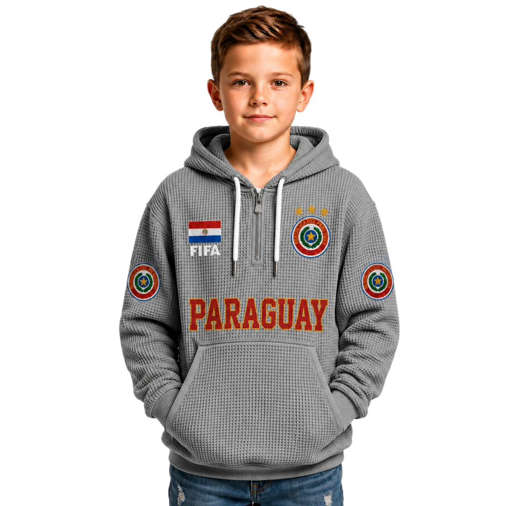 FIFA 2026 Paraguay Printed Waffle Quarter Zip Kids Football Fan Hoodie