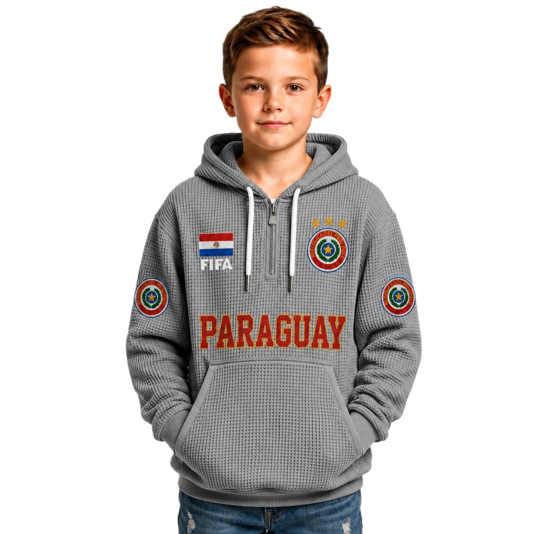 FIFA 2026 Paraguay Printed Waffle Quarter Zip Kids Football Fan Hoodie