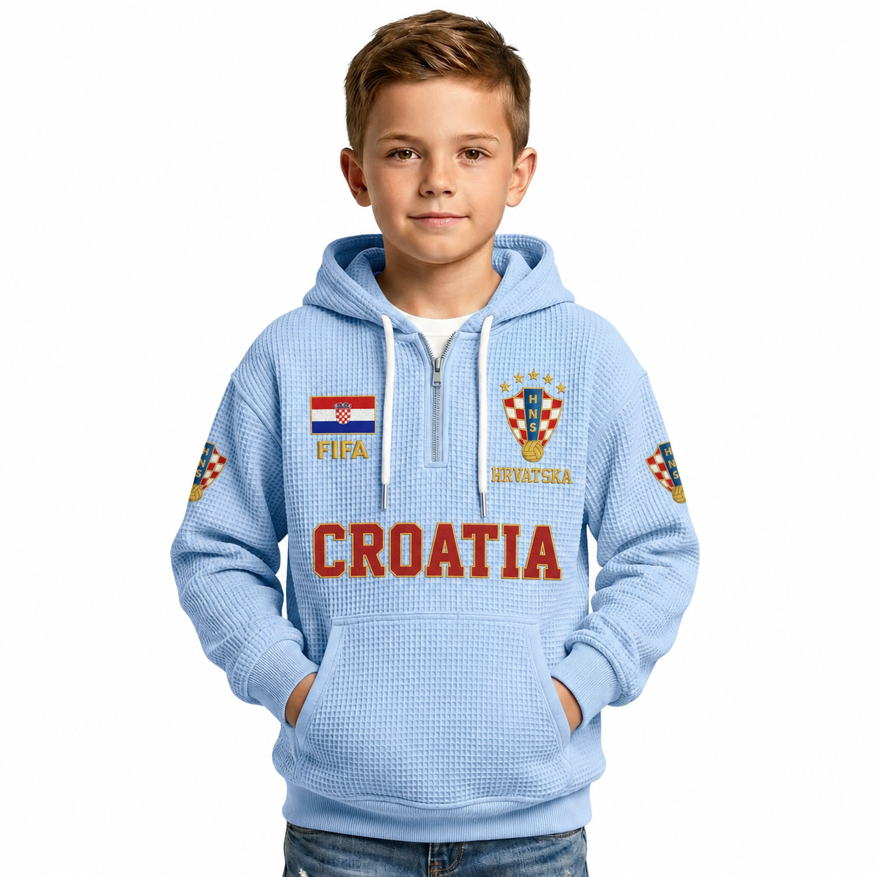 FIFA 2026 Croatia Printed Waffle Quarter Zip Kids Football Fan Hoodie