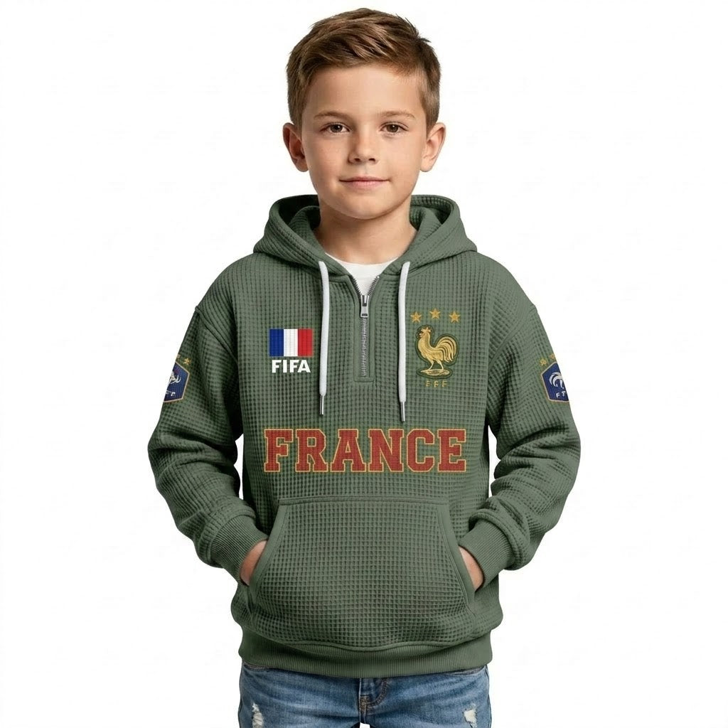FIFA 2026 France Printed Waffle Quarter Zip Kids Football Fan Hoodie