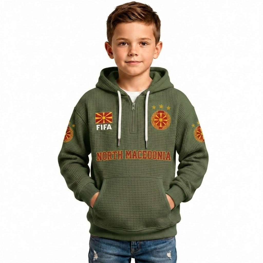 FIFA 2026 North Macedonia Printed Waffle Quarter Zip Kids Football Fan Hoodie