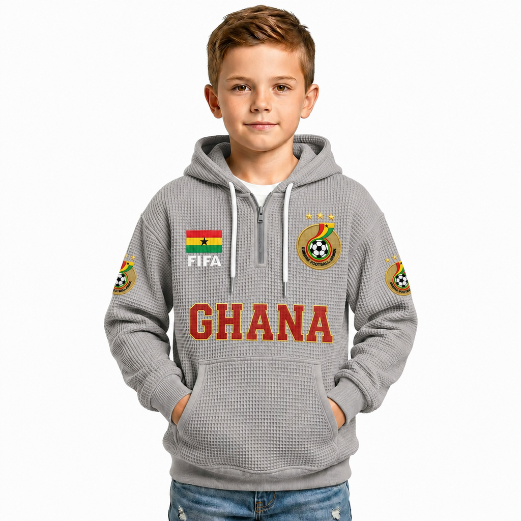 FIFA 2026 Ghana Printed Waffle Quarter Zip Kids Football Fan Hoodie