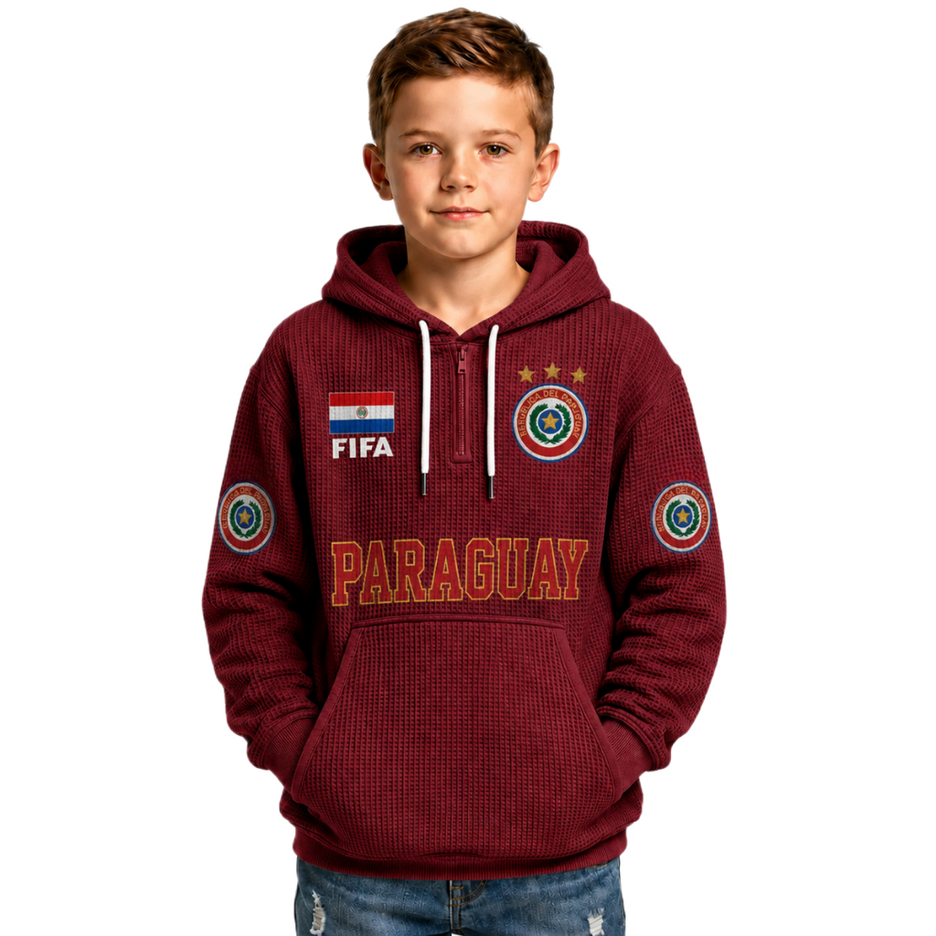 FIFA 2026 Paraguay Printed Waffle Quarter Zip Kids Football Fan Hoodie