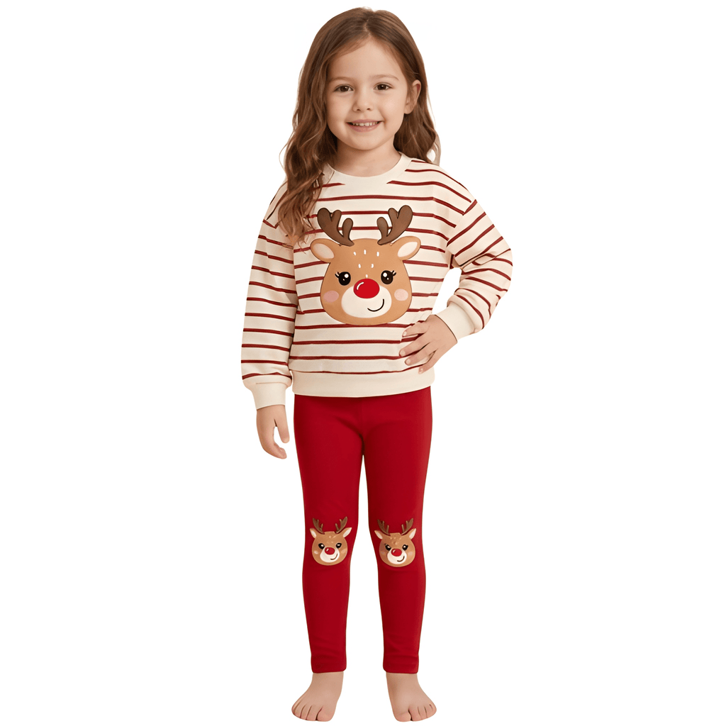 Girls Christmas Reindeer Print Long Sleeve Top And Legging Set