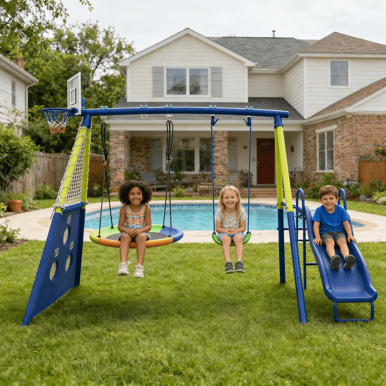 Kids 5 In 1 Heavy Duty Swing And Slide Set With Basketball Hoop
