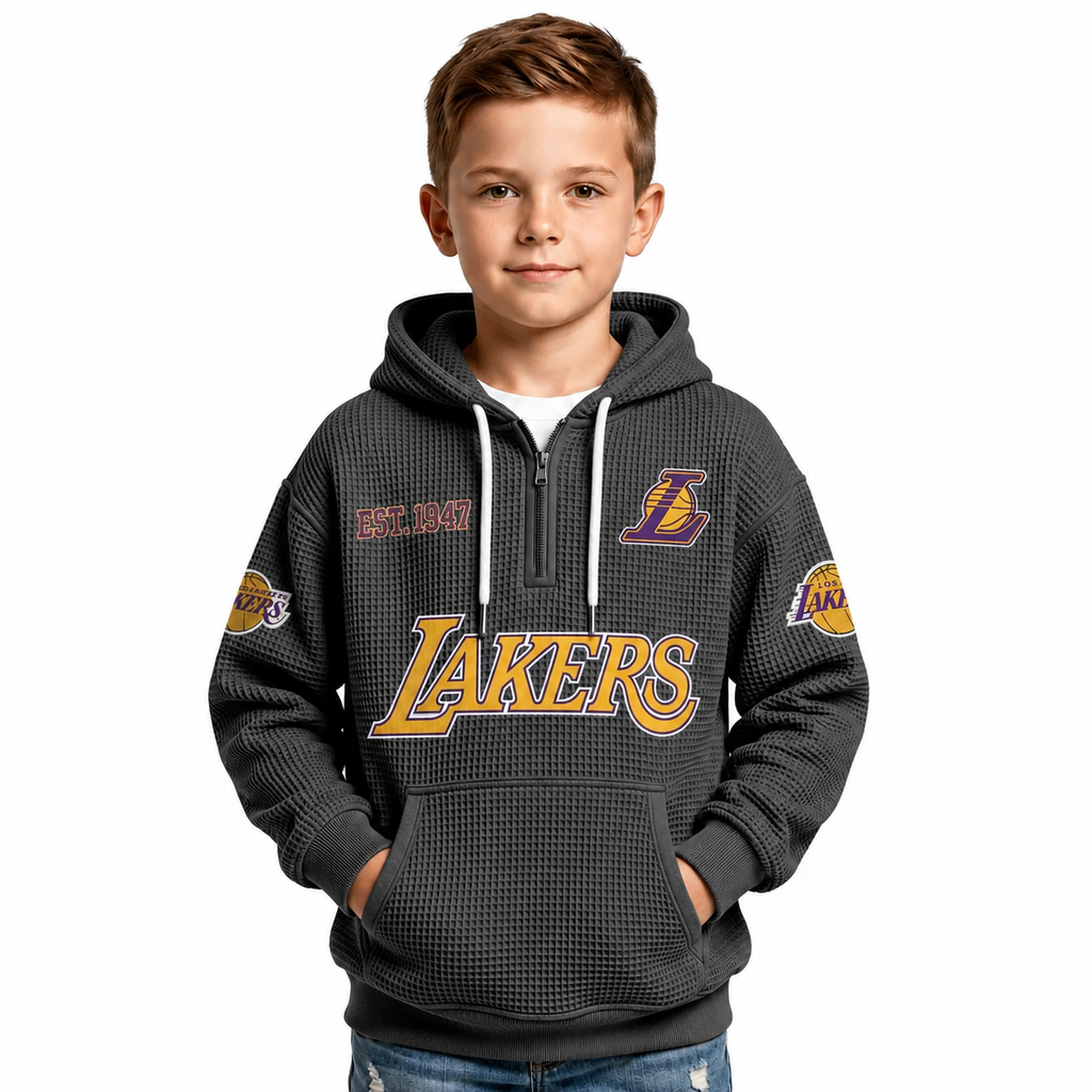 Los Angeles Lakers EST 1947 Kids Baseball Fan Printed Waffle Quarter Zip Hoodie