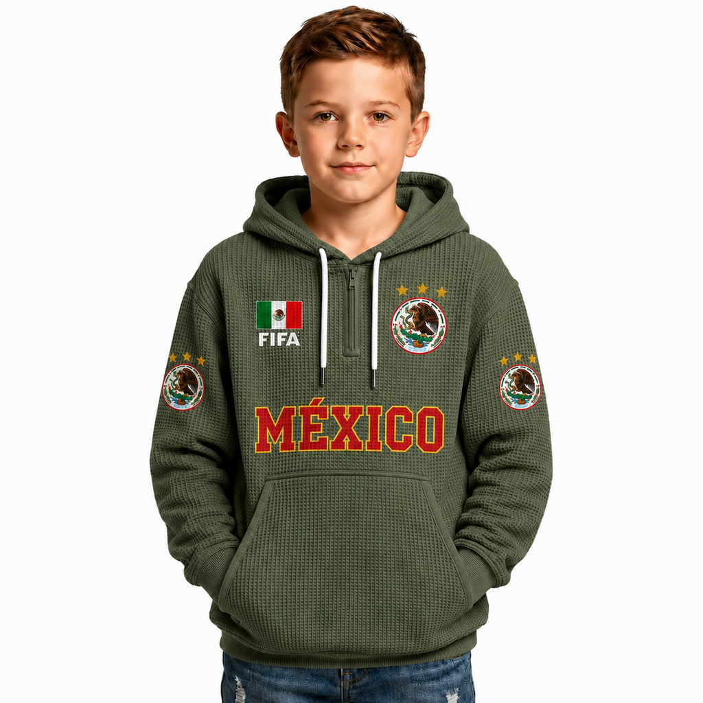 FIFA 2026 Mexico Printed Waffle Quarter Zip Kids Football Fan Hoodie