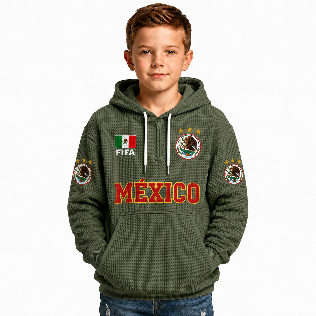 FIFA 2026 Mexico Printed Waffle Quarter Zip Kids Football Fan Hoodie