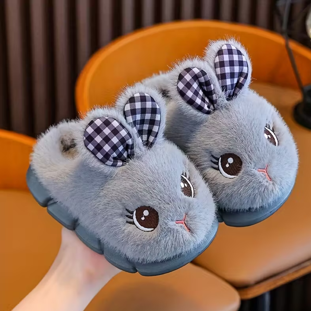 Kids Plush Bunny Slip On Slippers With Warm Lining And PVC Sole