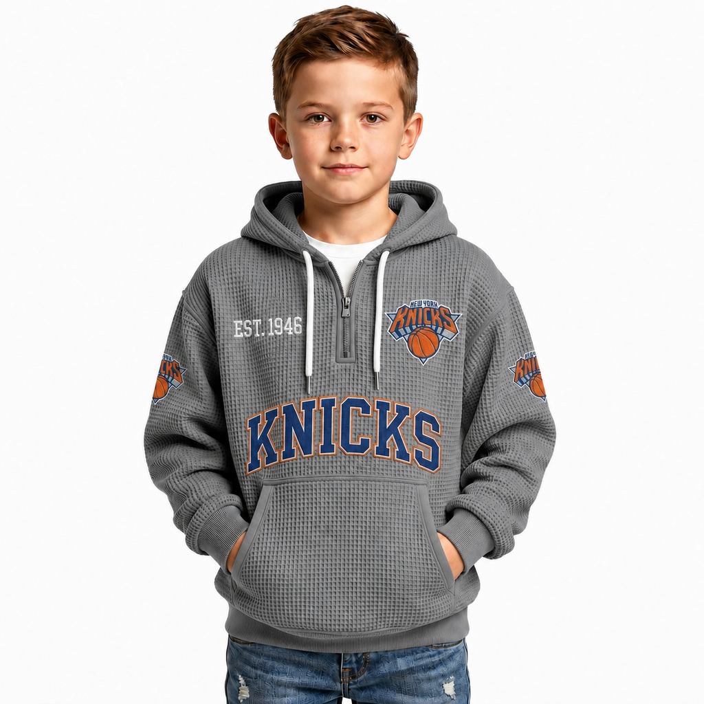 New York Knicks EST 1946 Kids Baseball Fan Printed Waffle Quarter Zip Hoodie