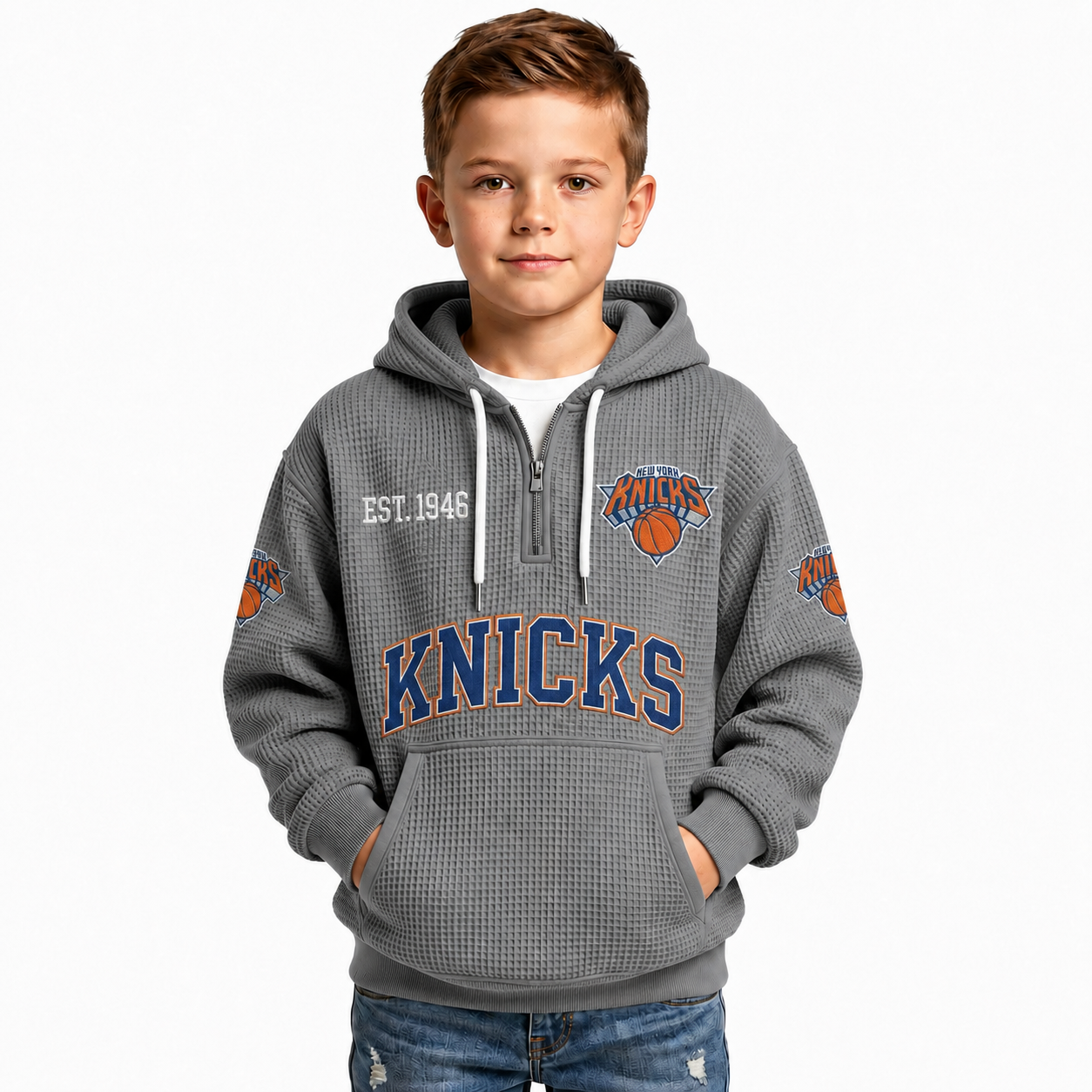 New York Knicks EST 1946 Kids Baseball Fan Printed Waffle Quarter Zip Hoodie