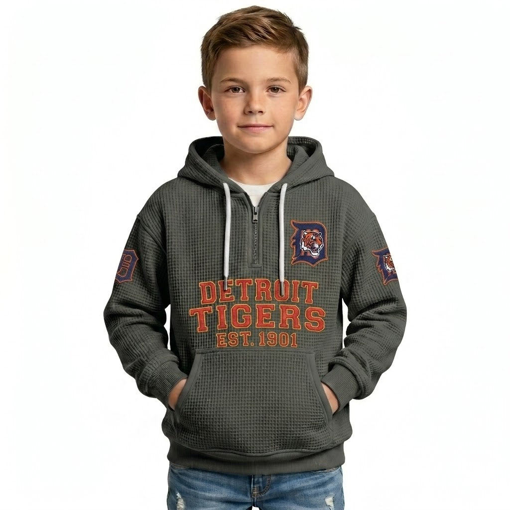 Detroit Tigers EST 1901 Kids Baseball Fan Printed Waffle Quarter Zip Hoodie