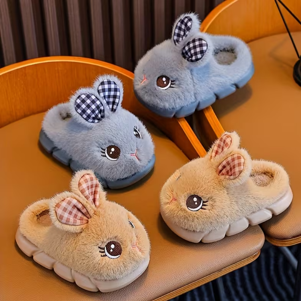 Kids Plush Bunny Slip On Slippers With Warm Lining And PVC Sole