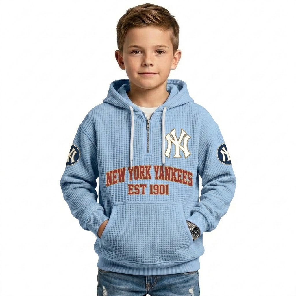 New York Yankees EST 1901 Kids Baseball Fan Printed Waffle Quarter Zip Hoodie