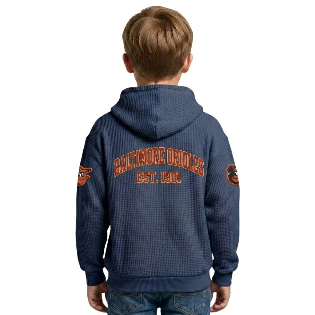 Baltimore Orioles EST 1901 Kids Baseball Fan Printed Waffle Quarter Zip Hoodie