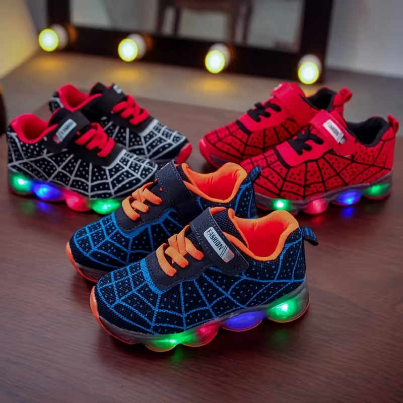 Kids Flashing LED Sneakers With Mesh Spider Design