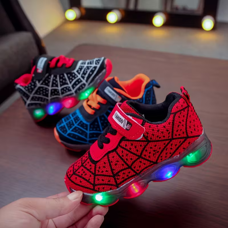 Kids Flashing LED Sneakers With Mesh Spider Design