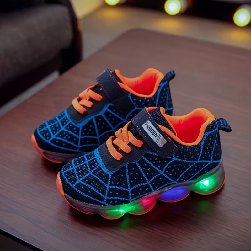 Kids Flashing LED Sneakers With Mesh Spider Design