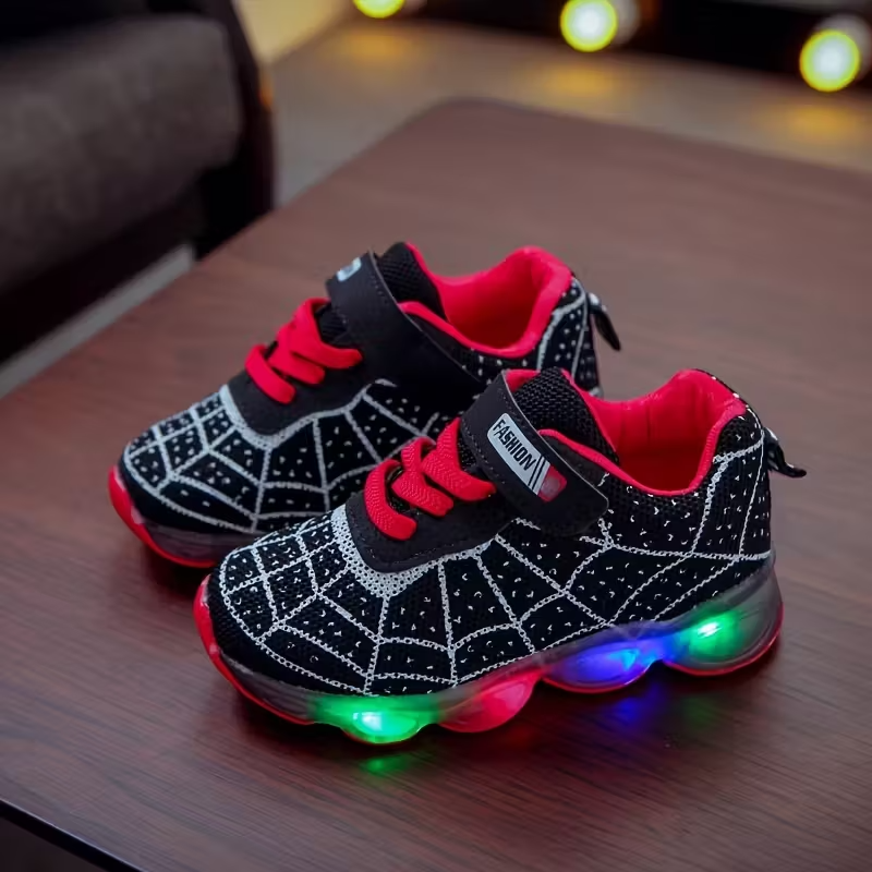 Kids Flashing LED Sneakers With Mesh Spider Design