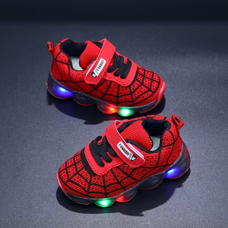 Kids Flashing LED Sneakers With Mesh Spider Design