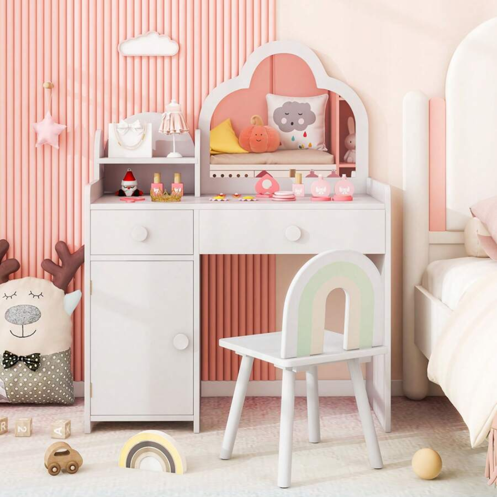 Kids Table And Chair Set With Cloud Shaped Mirror And Open Shelf Storage Drawers