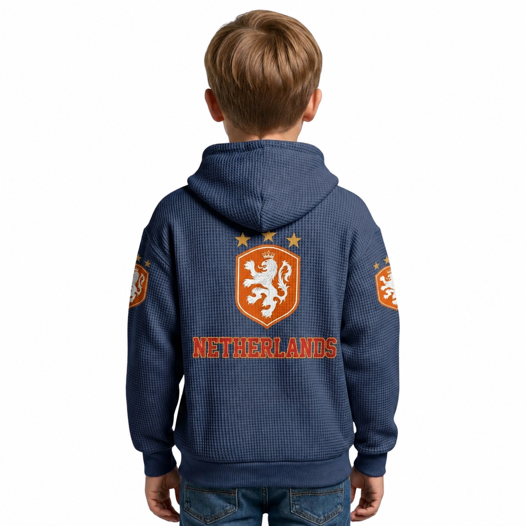 FIFA 2026 Netherlands Printed Waffle Quarter Zip Kids Football Fan Hoodie