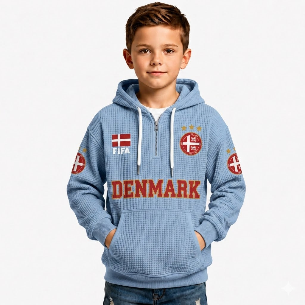 FIFA 2026 Denmark Printed Waffle Quarter Zip Kids Football Fan Hoodie