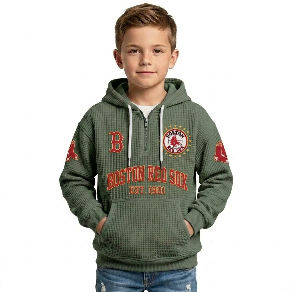 Boston Red Sox EST 1901 Kids Baseball Fan Printed Waffle Quarter Zip Hoodie