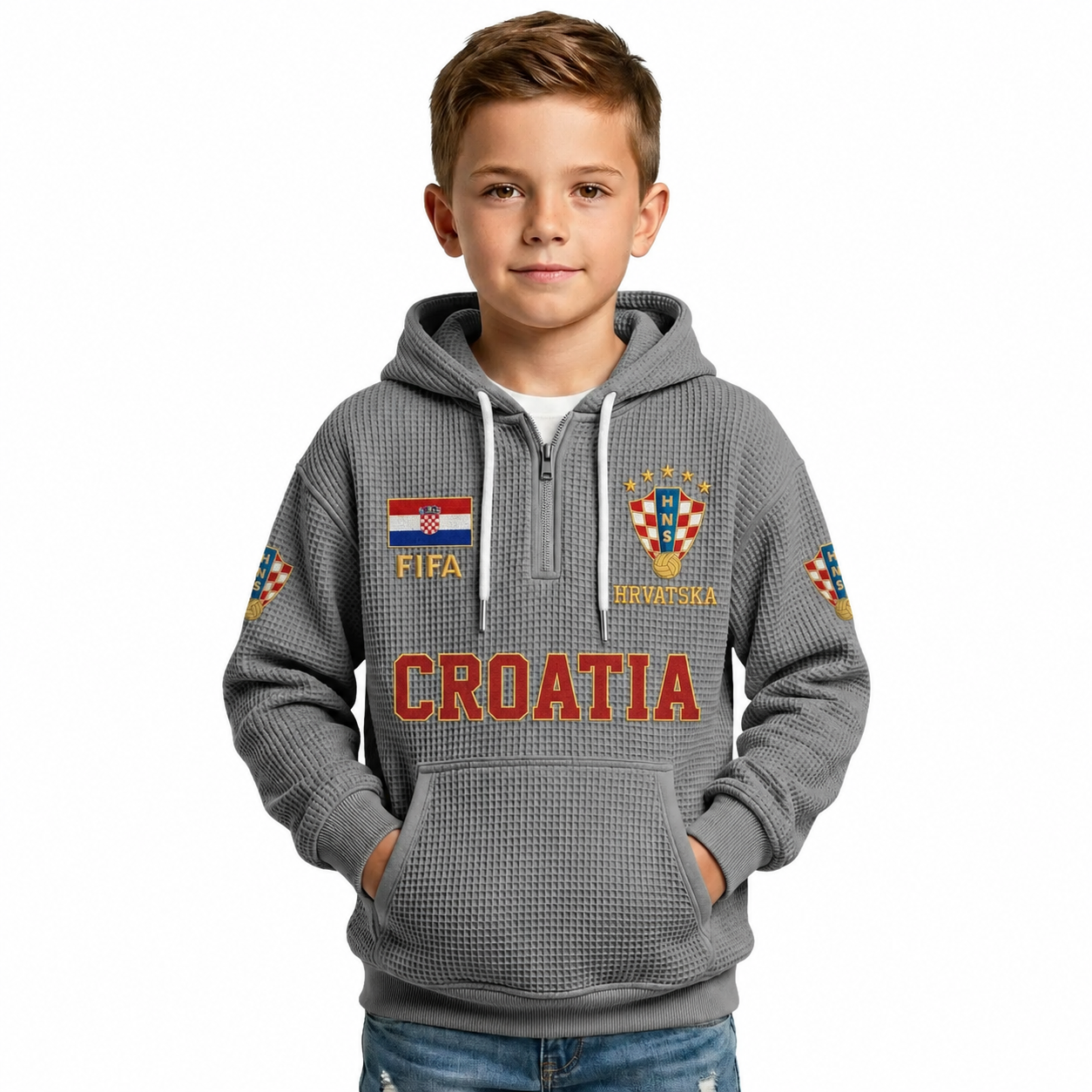 FIFA 2026 Croatia Printed Waffle Quarter Zip Kids Football Fan Hoodie