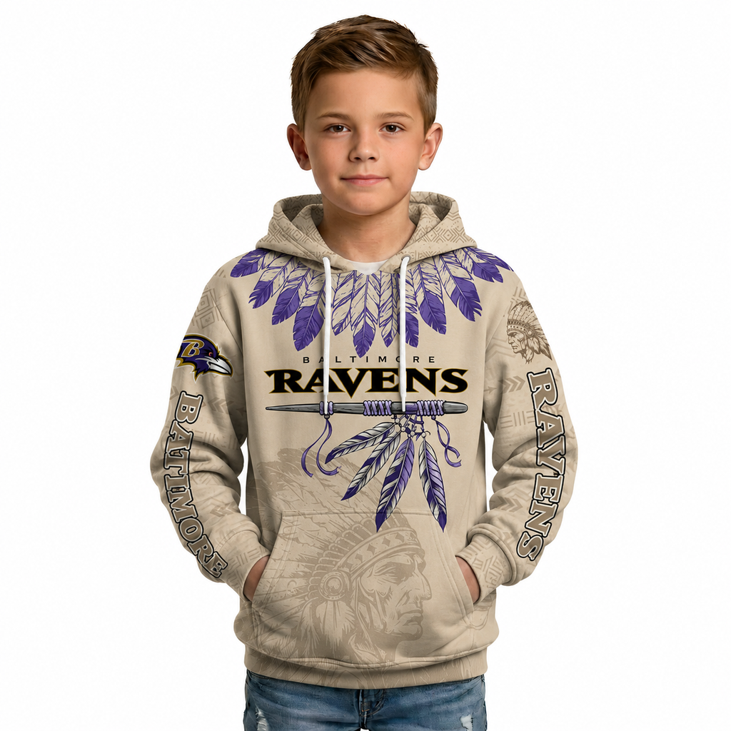 Personalized Native Heritage Themed Baltimore Ravens Kids Football Fan Hoodie