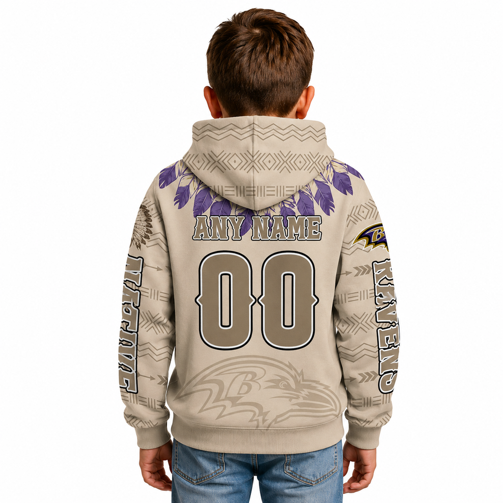 Personalized Native Heritage Themed Baltimore Ravens Kids Football Fan Hoodie