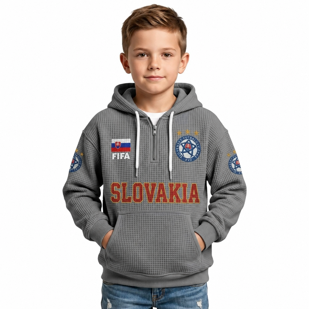 FIFA 2026 Slovakia Printed Waffle Quarter Zip Kids Football Fan Hoodie