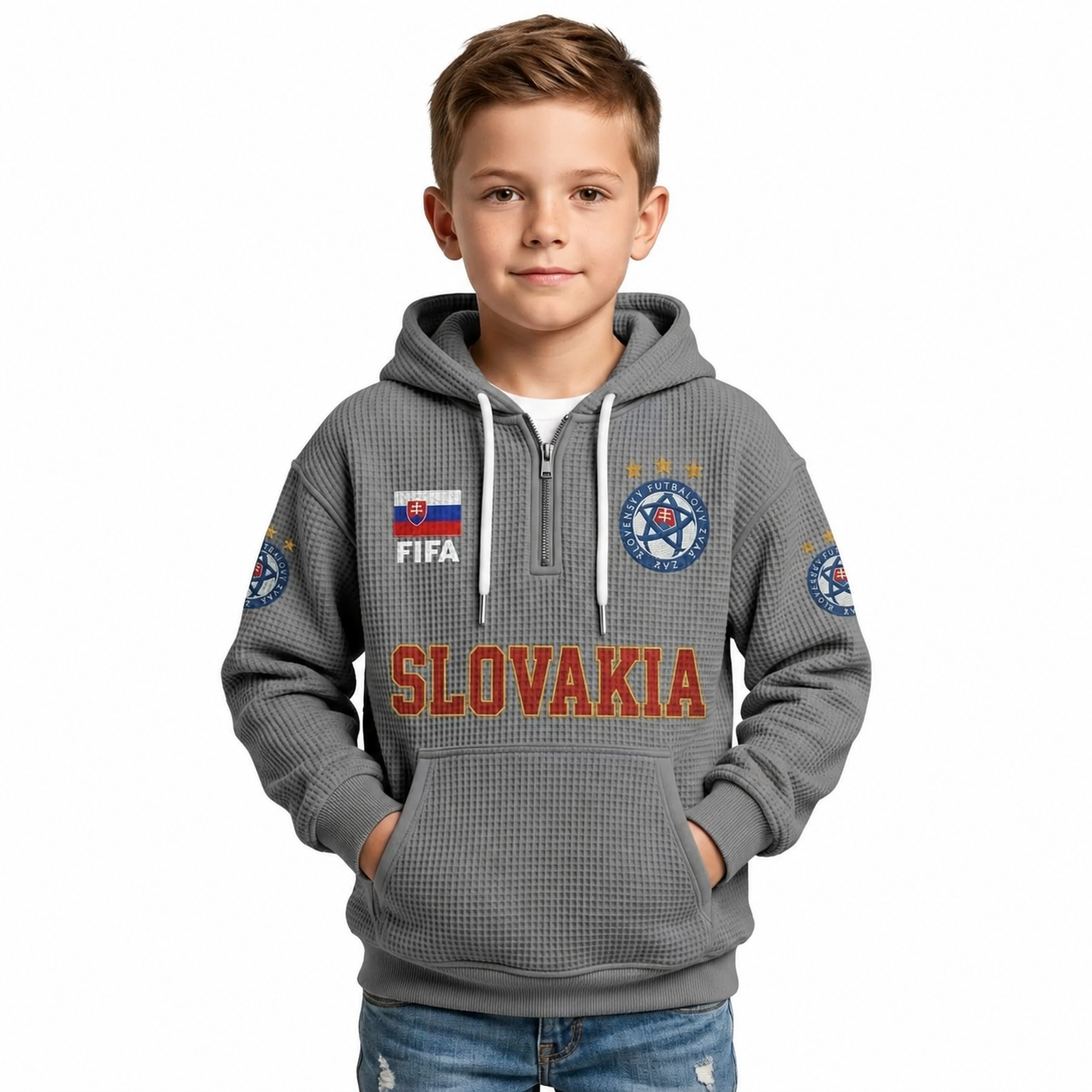 FIFA 2026 Slovakia Printed Waffle Quarter Zip Kids Football Fan Hoodie