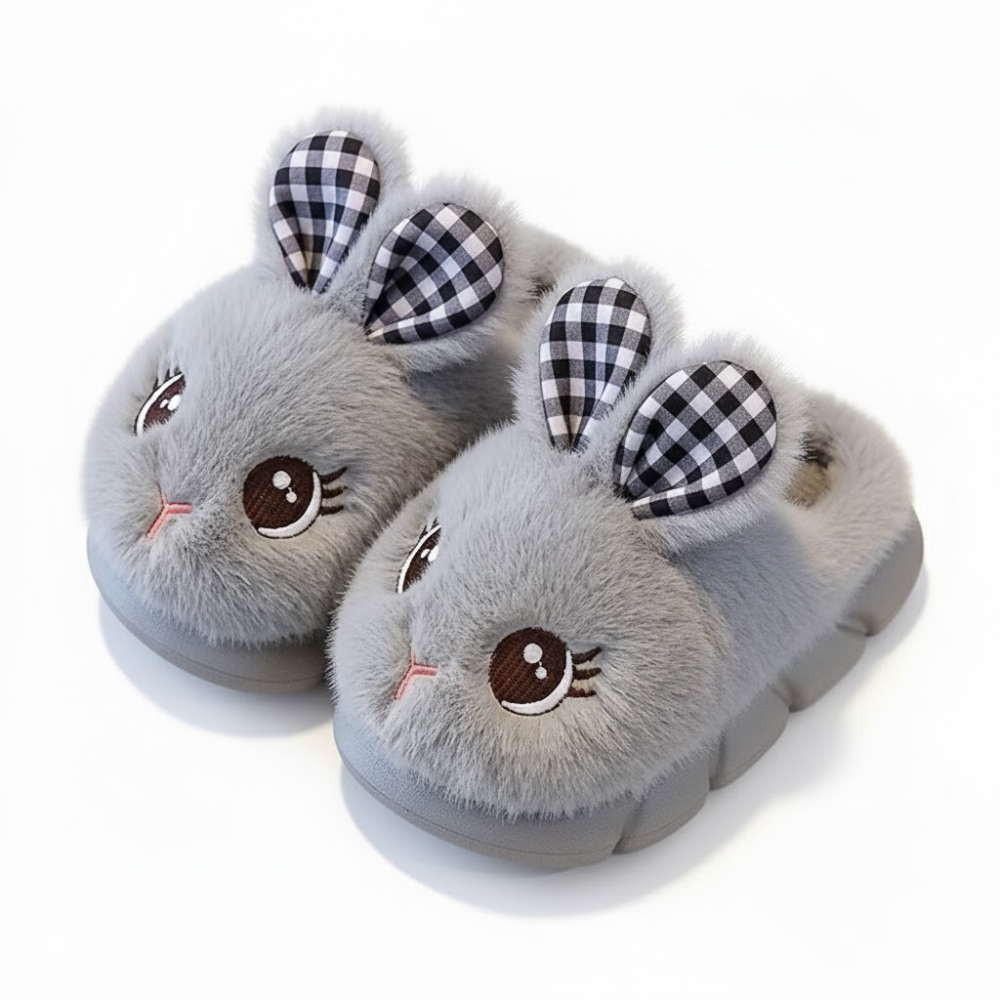 Kids Plush Bunny Slip On Slippers With Warm Lining And PVC Sole