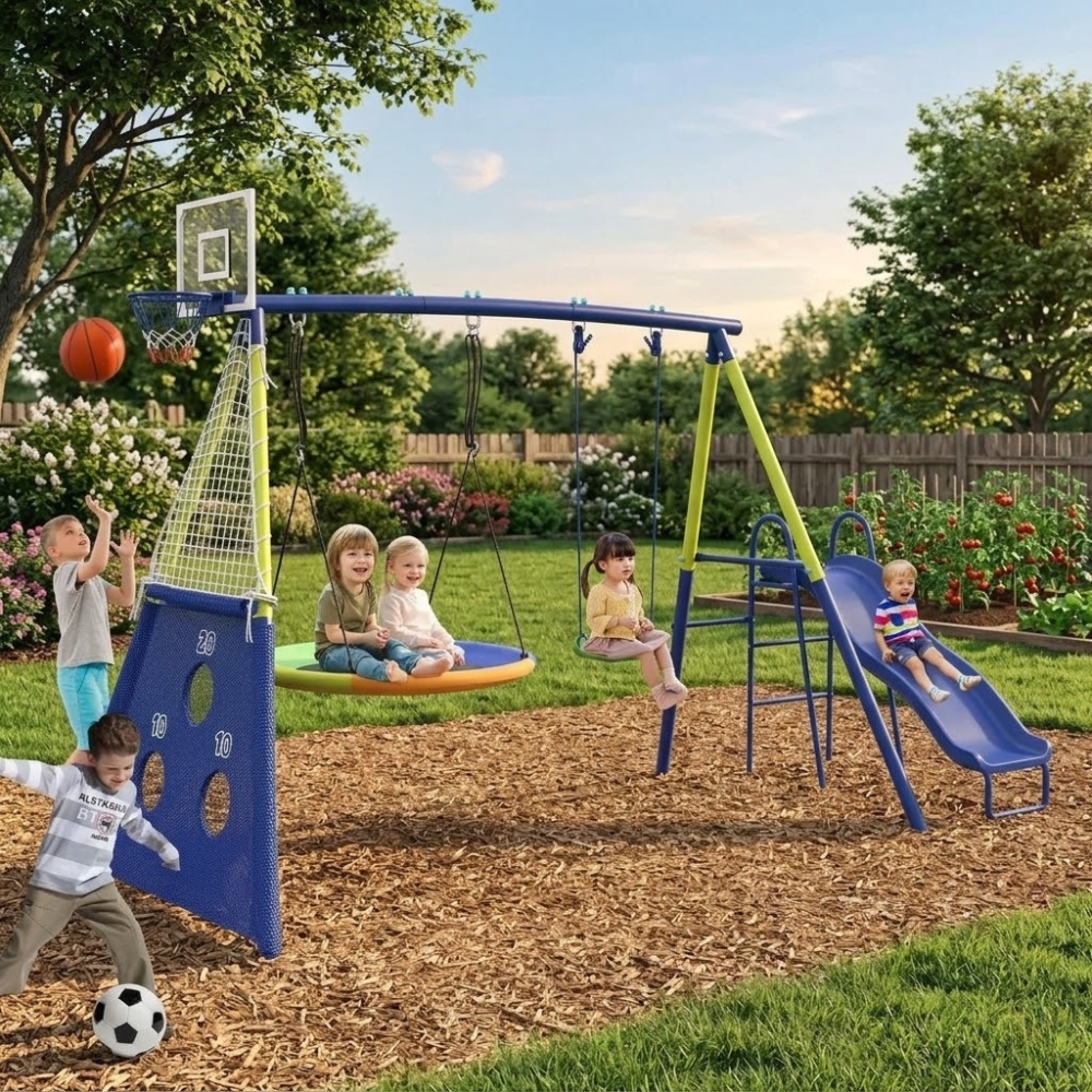 5 In 1 Heavy Duty Outdoor Swing Sets With Slides And Basketball Hoop