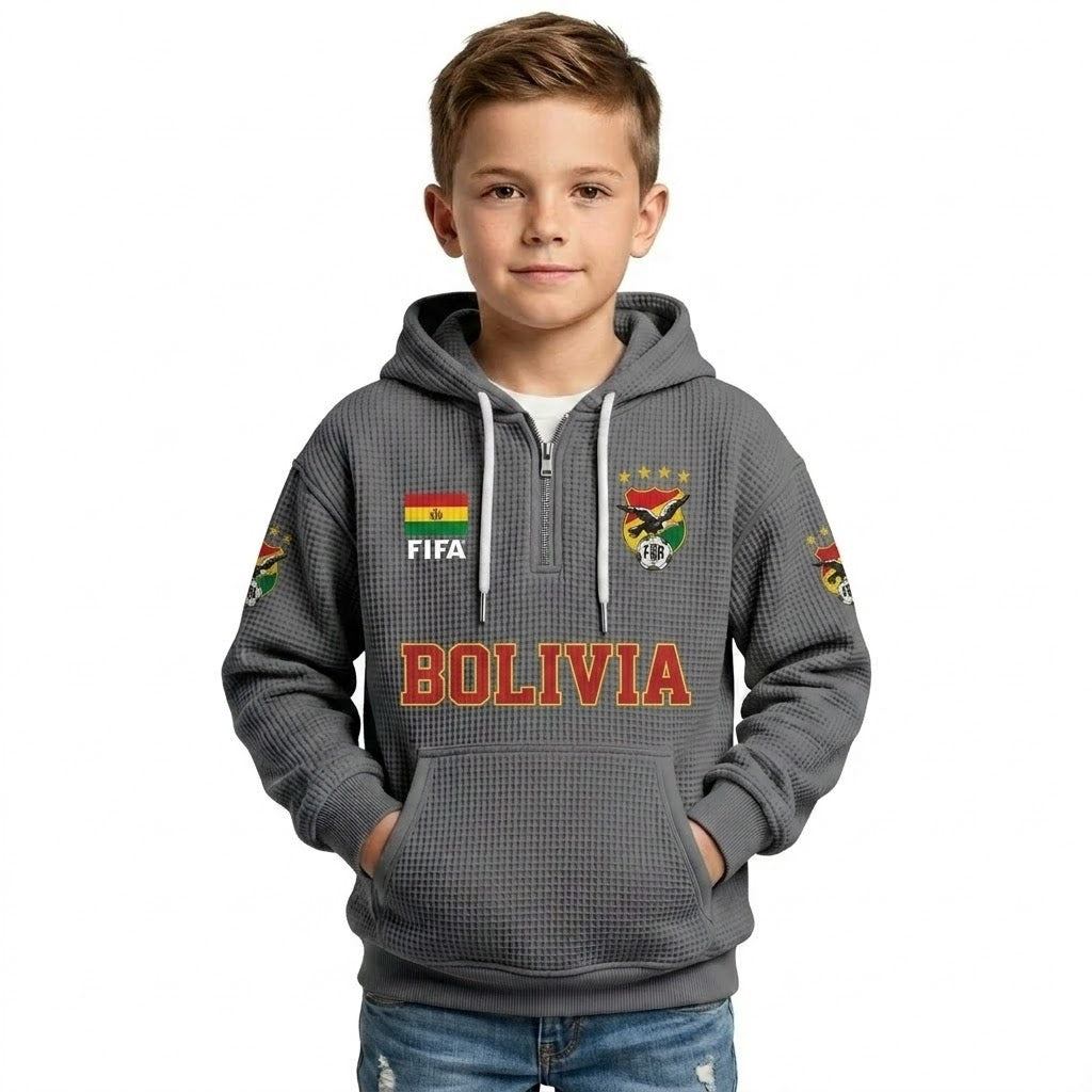 FIFA 2026 Bolivia Printed Waffle Quarter Zip Kids Football Fan Hoodie