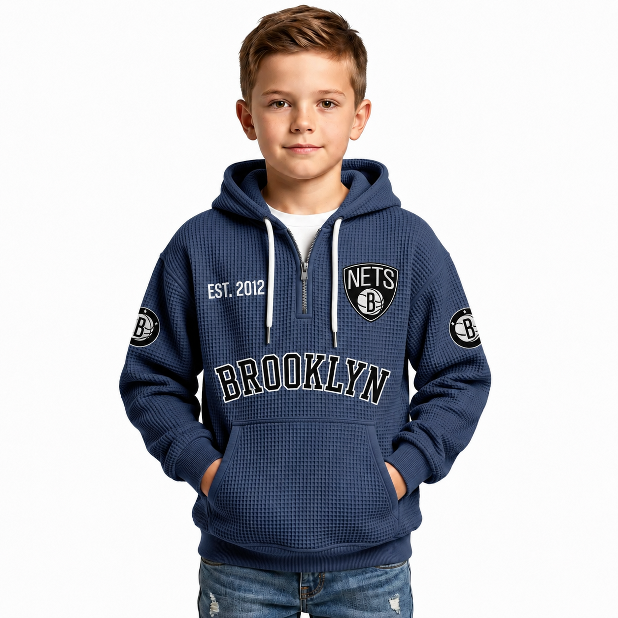 Brooklyn Nets EST 1967 Kids Baseball Fan Printed Waffle Quarter Zip Hoodie