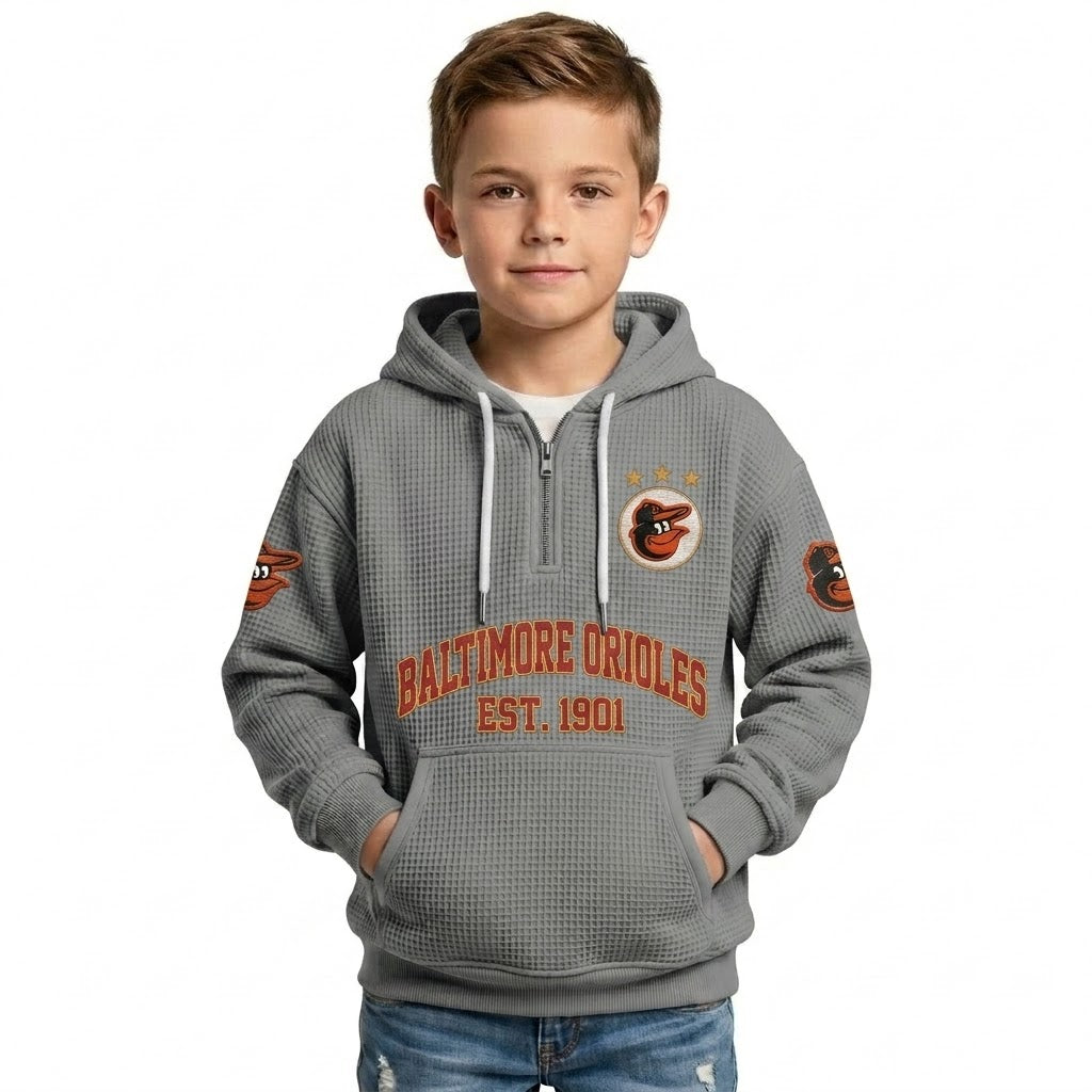 Baltimore Orioles EST 1901 Kids Baseball Fan Printed Waffle Quarter Zip Hoodie