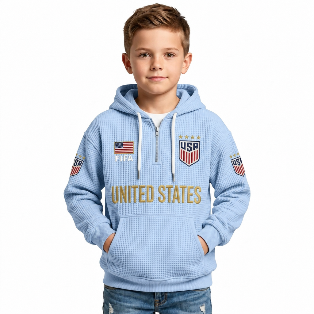 FIFA 2026 United States Printed Waffle Quarter Zip Kids Football Fan Hoodie