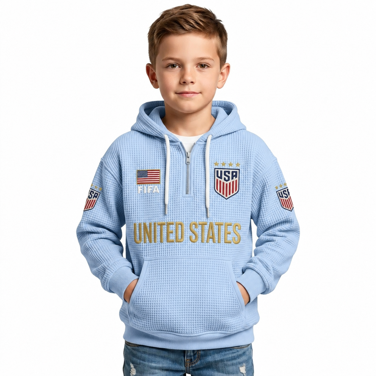 FIFA 2026 United States Printed Waffle Quarter Zip Kids Football Fan Hoodie