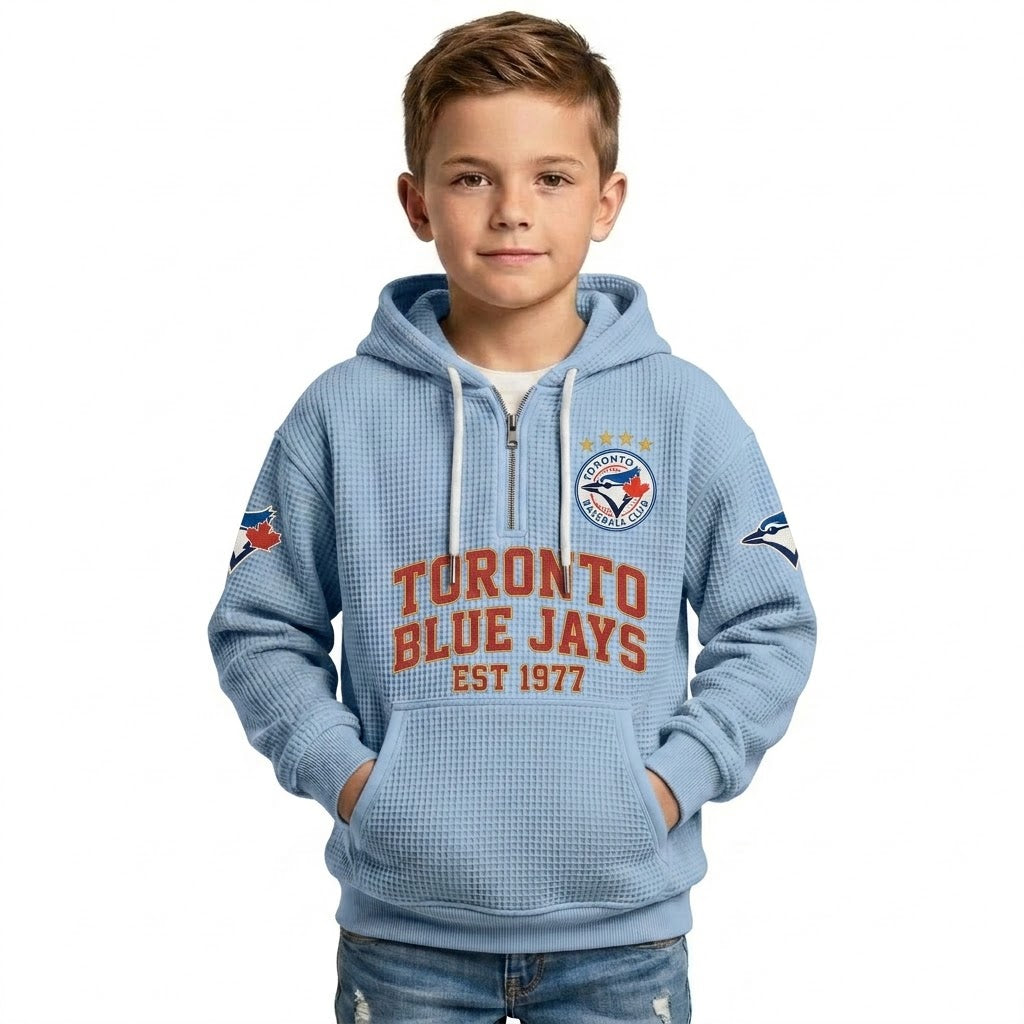 Toronto Blue Jays EST 1977 Kids Baseball Fan Printed Waffle Quarter Zip Hoodie