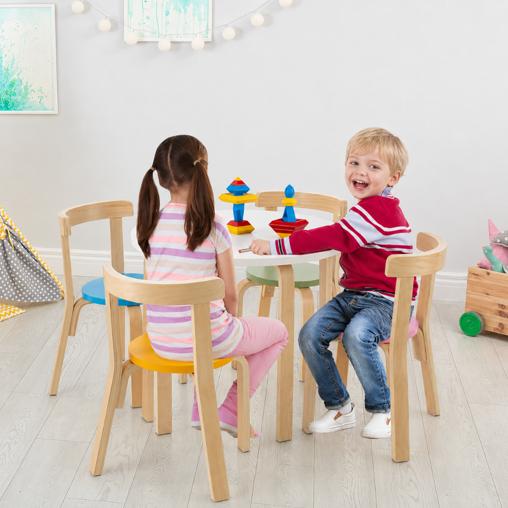 5 Piece Kids Wooden Curved Activity Table And Chair Set