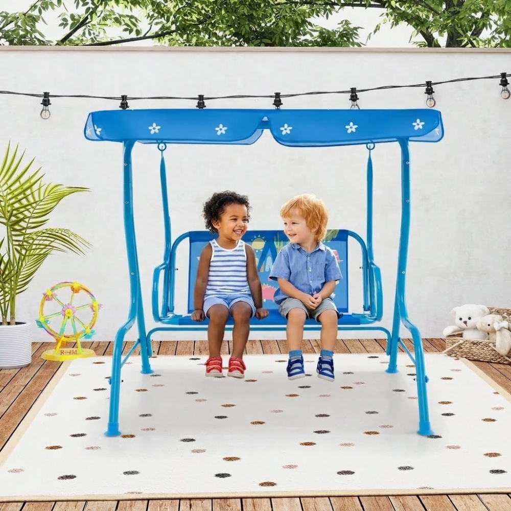 Toddler 2 Seater Porch Swing Chair With Adjustable Canopy And Metal Stand