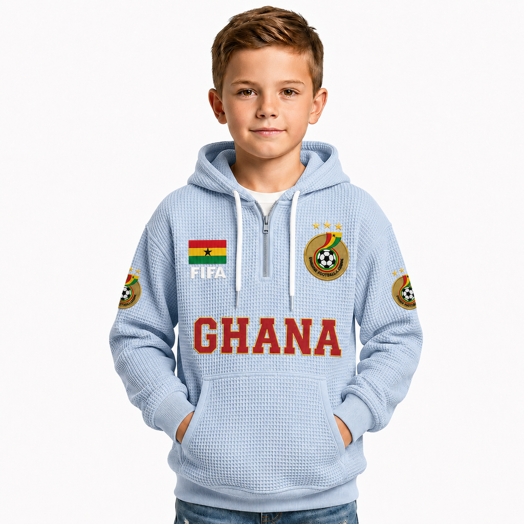 FIFA 2026 Ghana Printed Waffle Quarter Zip Kids Football Fan Hoodie